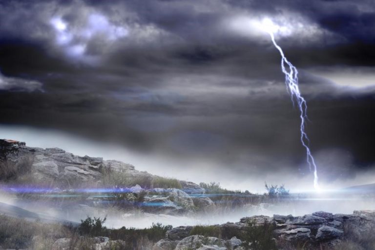 illustration of a lightning strike across the night sky in a desert landscape