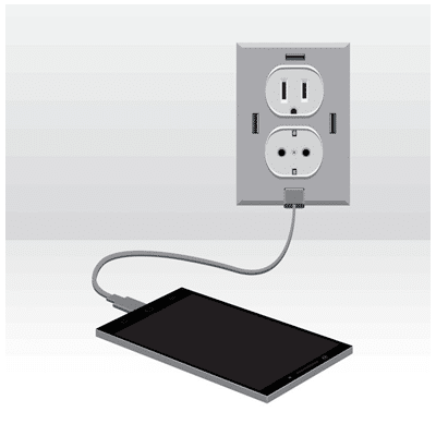 graphic displaying a smart phone being charged through the USB port in an USB wall outlet