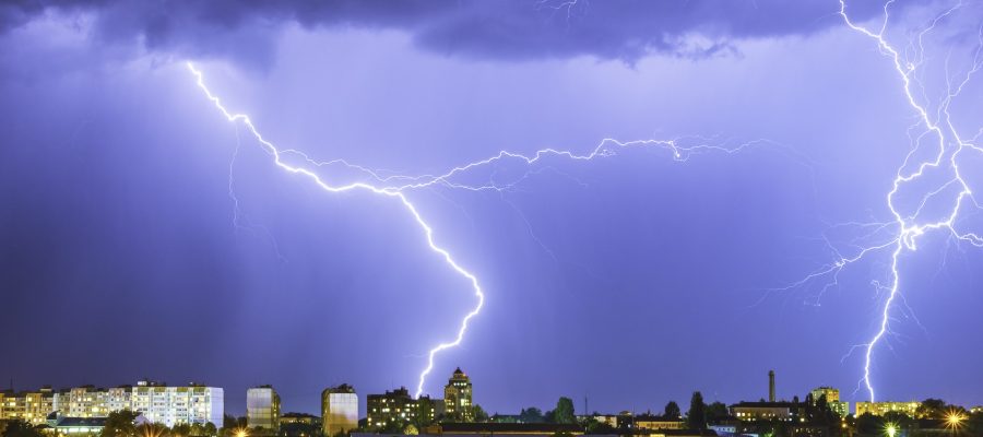 lightning strikes in the night sky